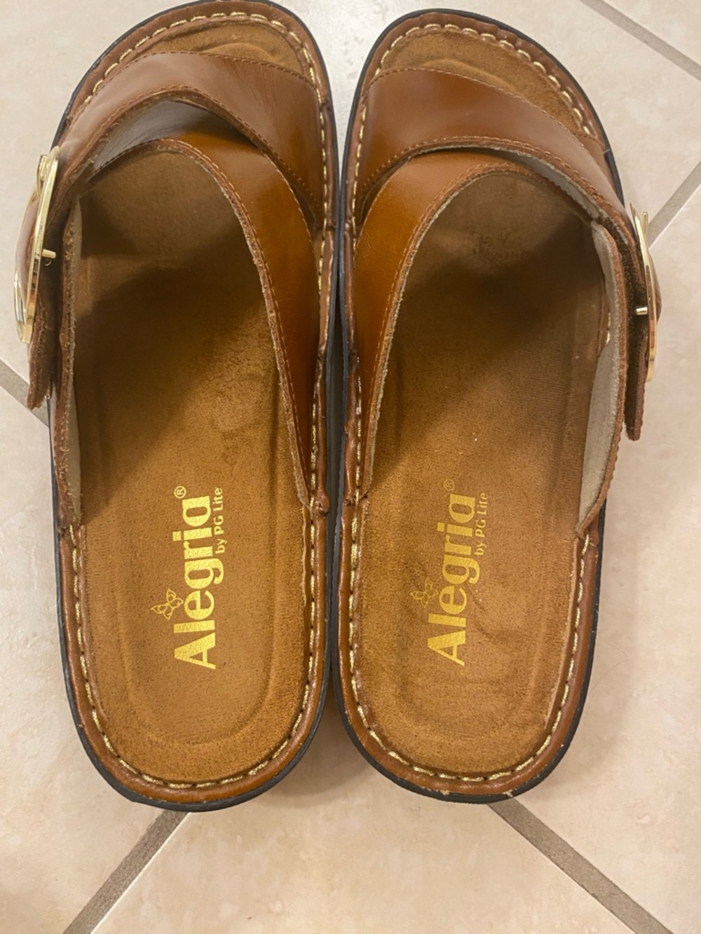 Alegria Brown Leather Crossover Slide Sandals with Gold Buckle - Picture 5 of 8